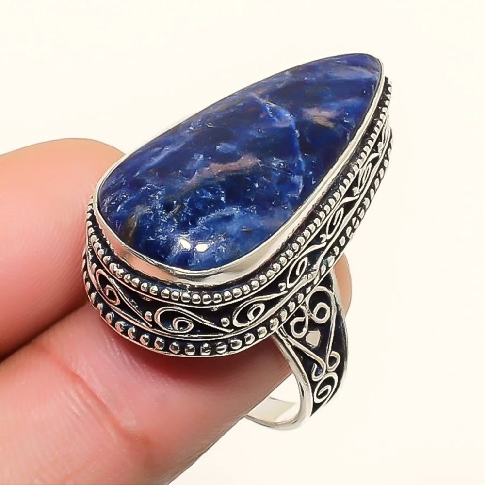 Vintage Sodalite Chunky Gemstone Boho, Festival Ring Size 6.5 Silver Blue